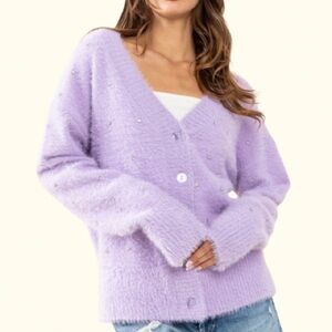 Angora Fuzzy Oversized Sweater Long Sleeve Sparkling Rhinestone Cardigan